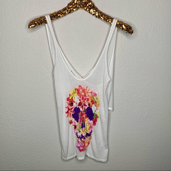 CHASER Floral Pink Skull Split Open Back Tank